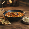 Chicken Tikka Masala in a dark ceramic bowl with creamy tomato sauce, garnished with cilantro, served with naan and basmati rice