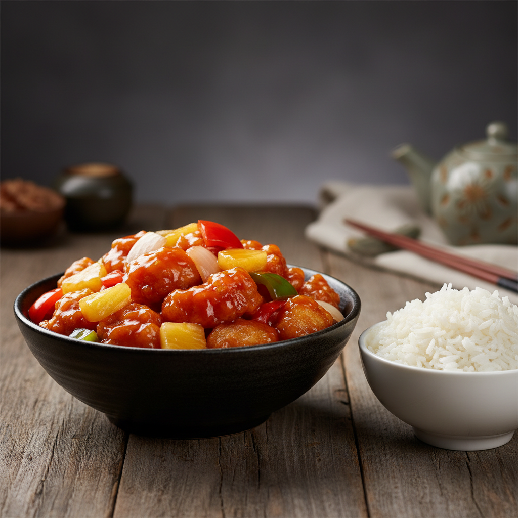 Sweet and Sour Chicken in a dark ceramic bowl with vibrant red-orange sauce, crispy chicken, pineapple chunks, red and green bell peppers and onions, served with steamed rice