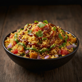 Bhelpuri in a dark ceramic bowl with puffed rice, sev, onions, tomatoes, potatoes, coriander and tamarind and mint chutneys