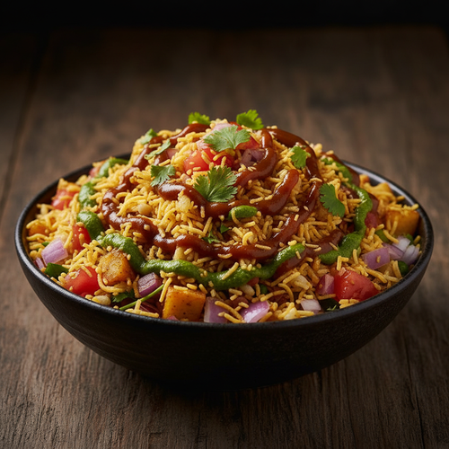 Bhelpuri in a dark ceramic bowl with puffed rice, sev, onions, tomatoes, potatoes, coriander and tamarind and mint chutneys
