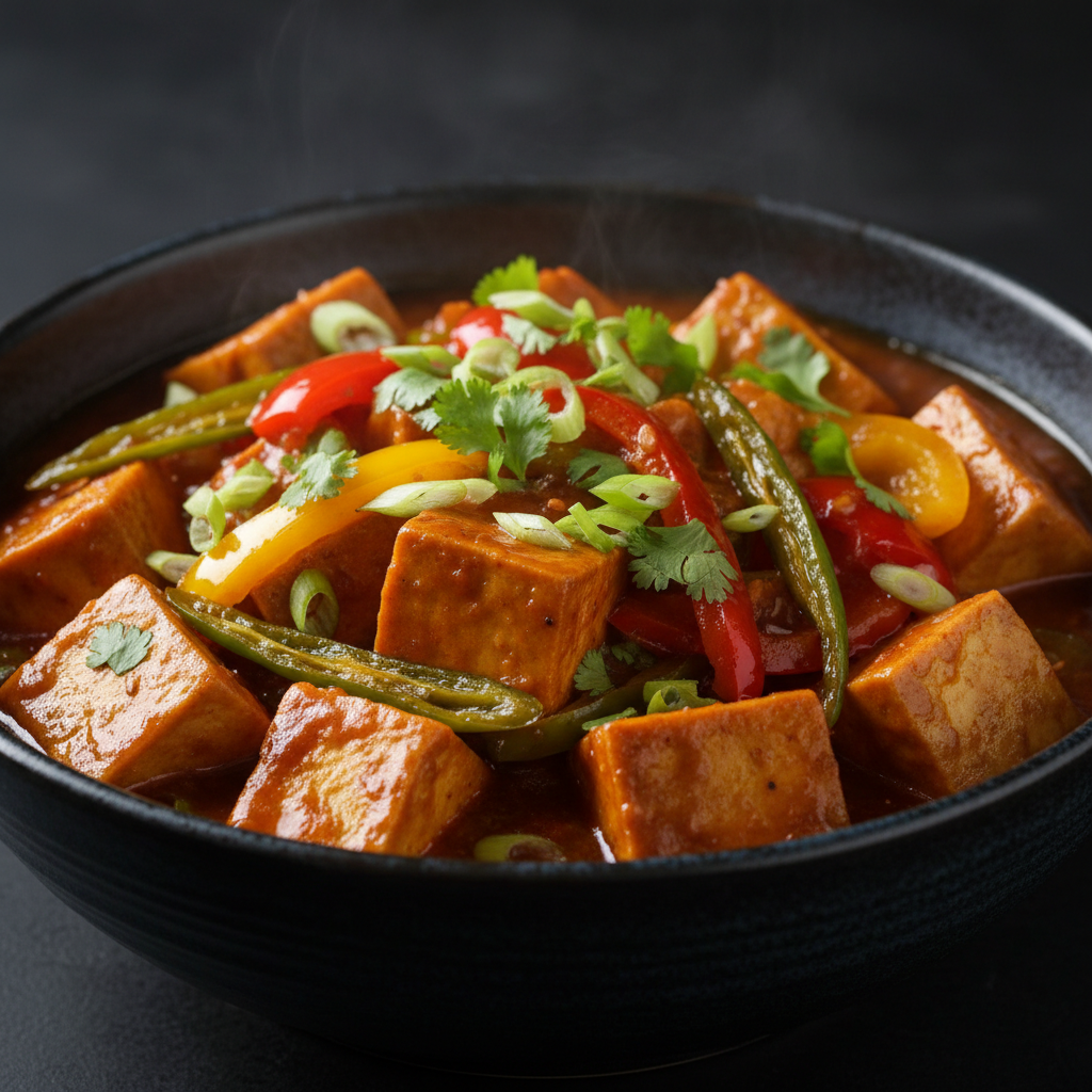 Chili Tofu in thick rich Indo-Chinese gravy sauce with bell peppers