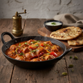 Kadhai Chicken in a dark iron kadhai with vibrant tomato sauce, bell peppers, onions and whole spices, served with naan bread
