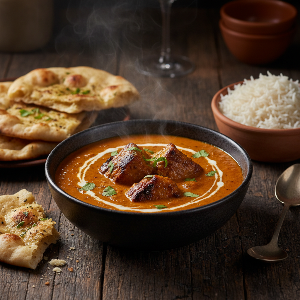 Lamb Tikka Masala in a dark ceramic bowl with rich creamy orange-red sauce and grilled lamb pieces, garnished with cilantro and cream, served with naan and basmati rice