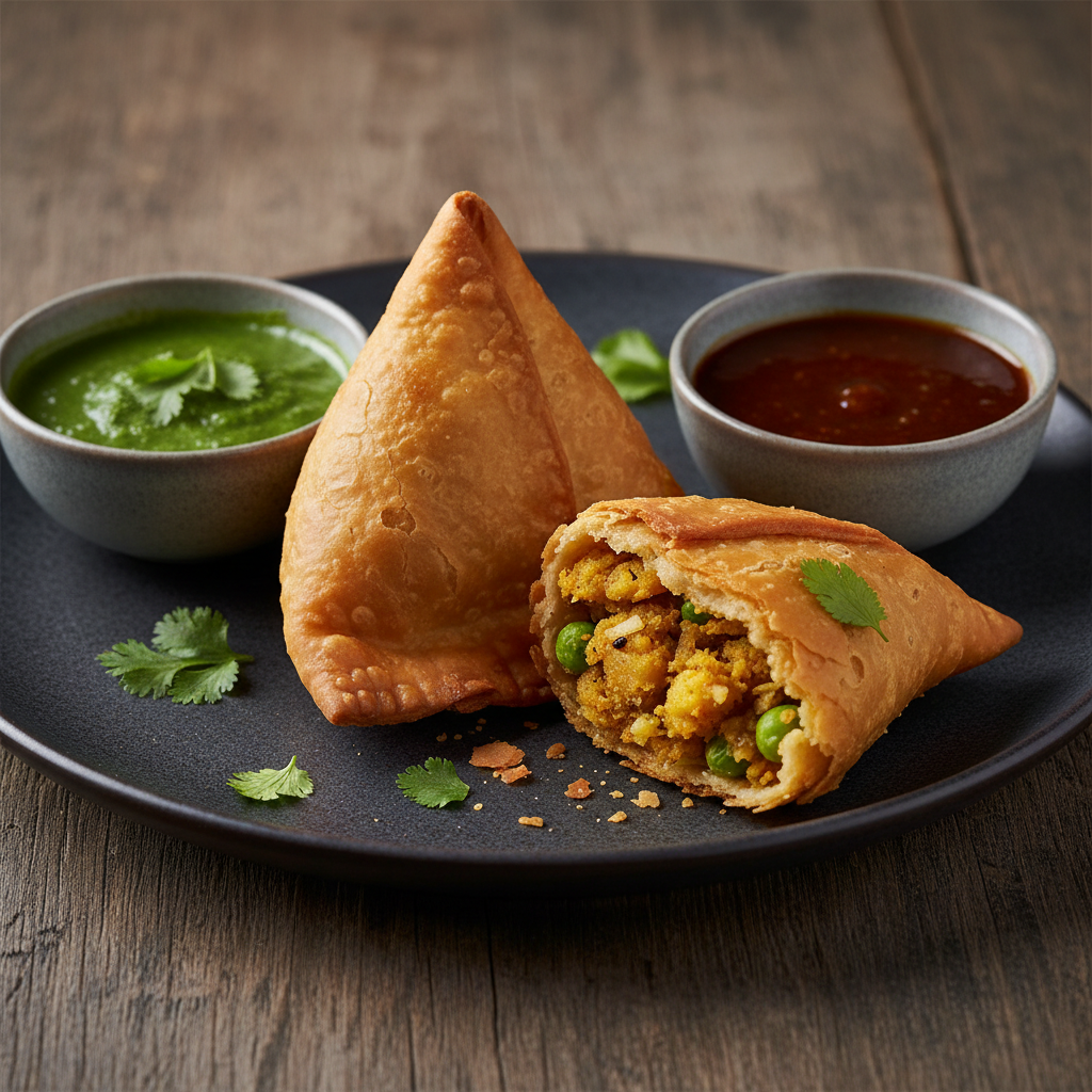 Two golden crispy triangular vegetable samosas on a dark ceramic plate, one broken open to show spiced potato and pea filling, served with mint and tamarind chutneys