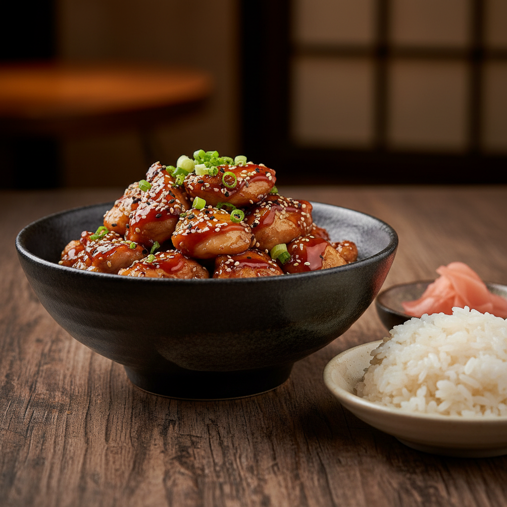 Chicken Teriyaki in a dark ceramic bowl with glossy caramelized teriyaki glaze, garnished with sesame seeds and spring onions, served with steamed rice and pickled ginger