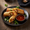Three golden crispy vegetable spring rolls on a dark ceramic plate, cut diagonally to show colorful vegetable filling, served with sweet chili dipping sauce