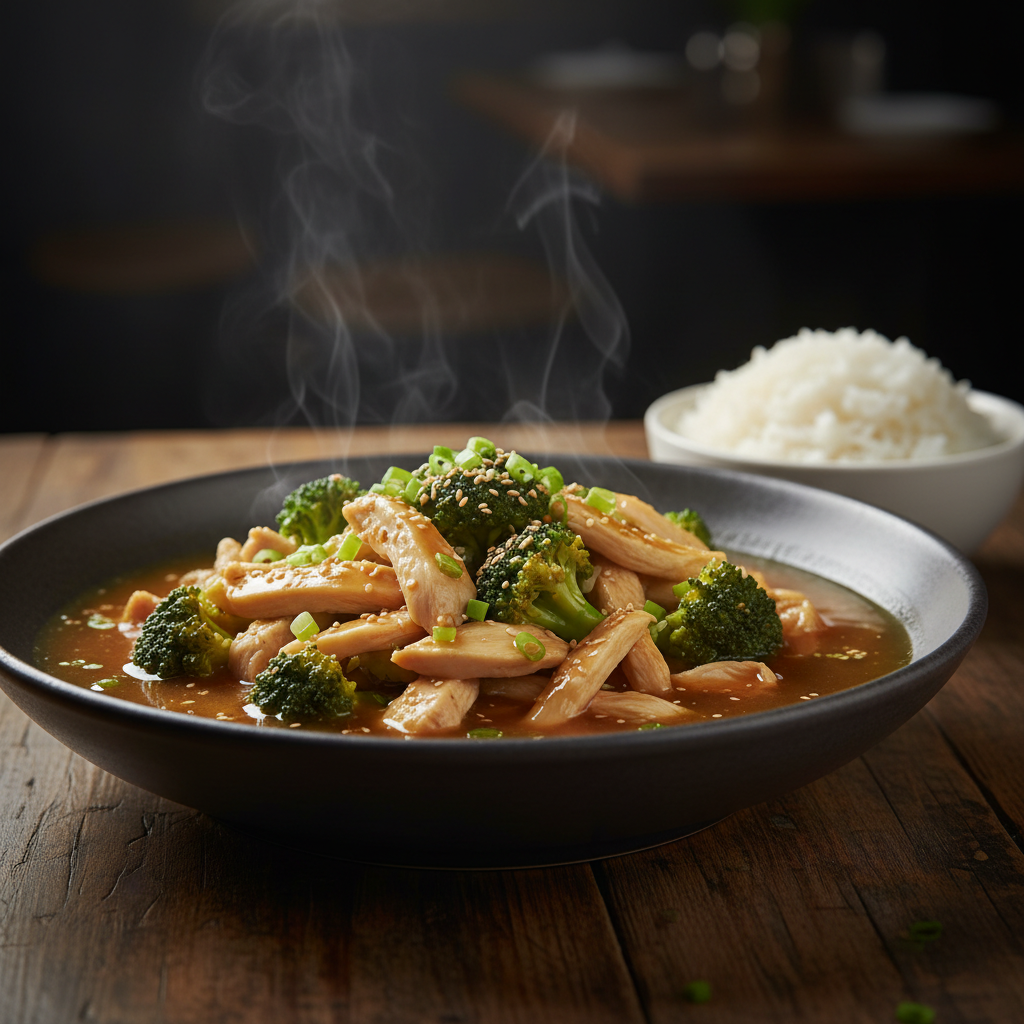 Chicken Broccoli in a wide dark ceramic bowl with abundant golden chicken broth sauce, tender chicken and vibrant green broccoli, garnished with sesame seeds and spring onions