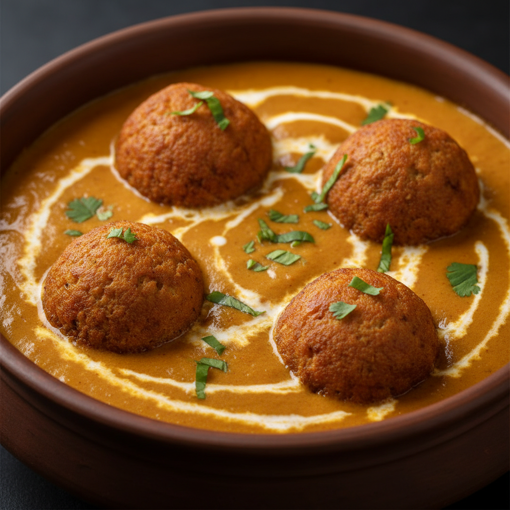 Four Malai Kofta balls in rich creamy golden Indian gravy sauce