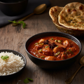 Chicken Vindaloo in a dark ceramic bowl with fiery deep red Goan-style sauce, tender chicken pieces, whole spices and green chilies, served with basmati rice and naan