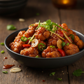 Cauliflower Manchurian in a dark ceramic bowl with crispy golden cauliflower florets in glossy Indo-Chinese Manchurian sauce with garlic, ginger, green chilies and spring onions