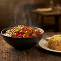 Chili Chicken Gravy in a dark ceramic bowl with glossy reddish-brown sauce, bell peppers, green chilies and spring onions