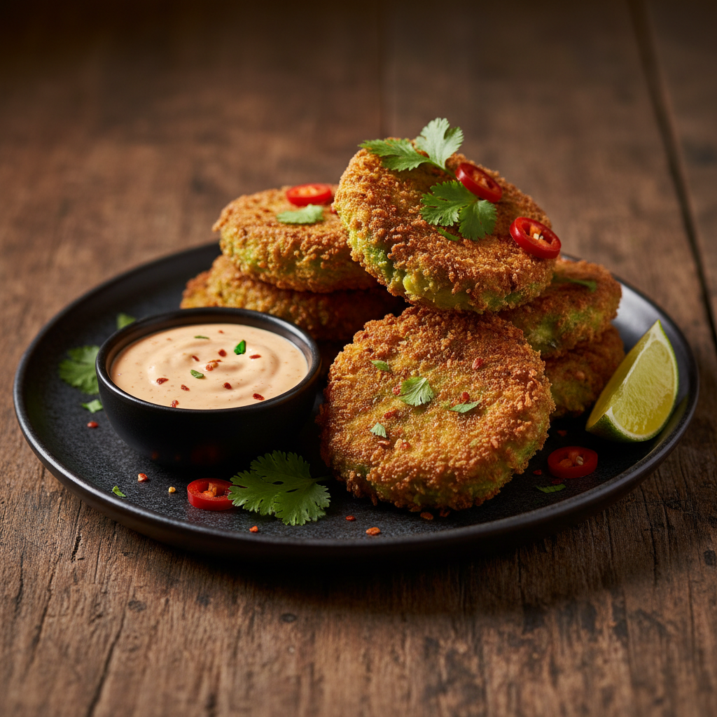 Avocado Fritters on a dark ceramic plate, golden crispy fried avocado with sriracha aioli dipping sauce, garnished with cilantro, red chilies and lime