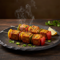 Achari Paneer Tikka on a dark ceramic plate with chargrilled paneer cubes in tangy achari marinade with bell peppers and onions, garnished with coriander, chaat masala and lemon wedge