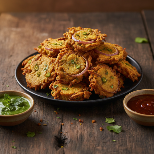 Golden crispy Bhajia onion fritters piled on a dark ceramic plate, served with green mint chutney and tamarind chutney