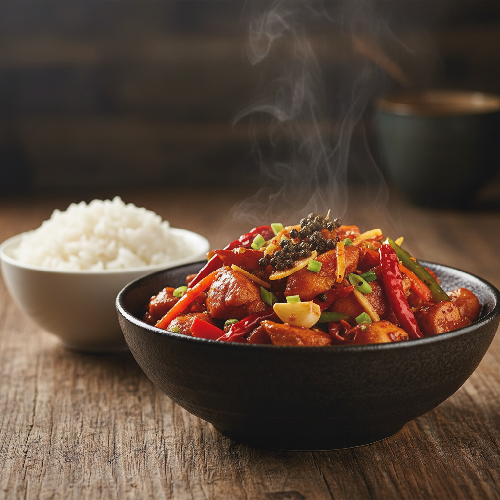Szechwan Chicken in a dark ceramic bowl with fiery deep red Sichuan sauce, tender chicken, Sichuan peppercorns, dried red chilies, garlic, ginger and bell peppers, served with steamed rice