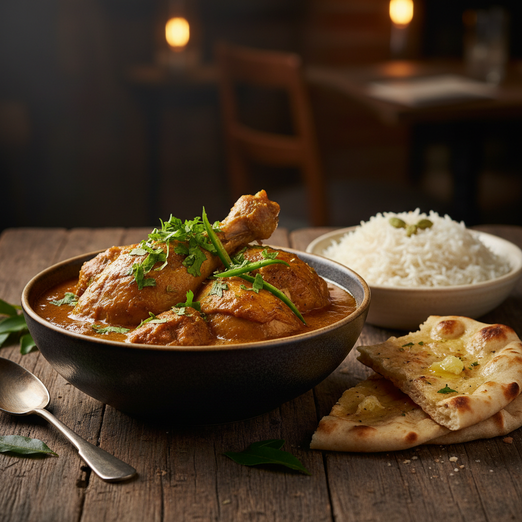 Chicken Curry in a dark ceramic bowl with rich golden-brown sauce, garnished with cilantro and green chilies, served with basmati rice and naan