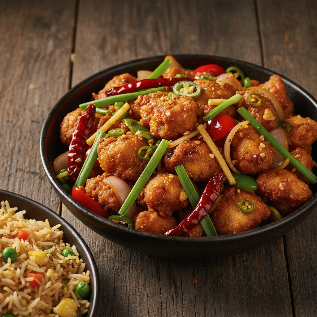 Chili Chicken Dry with crispy golden fried chicken, green chilies, ginger strips, sliced garlic, onions, bell peppers and soy sauce gloss, served with fried rice
