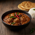 Chicken Chettinad in a dark ceramic bowl with deep dark reddish-brown sauce, tender chicken pieces, whole spices and curry leaves, served with steamed rice and parotta