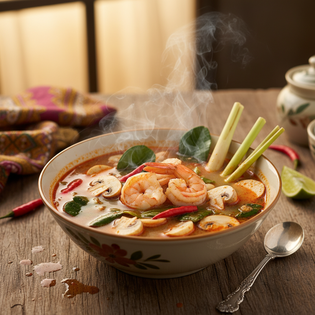 A vibrant steaming bowl of Tom Yum soup with lemongrass and chili in a spicy broth