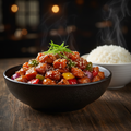 Chicken Teriyaki with diced chicken, carrots, onions and colorful bell peppers in a sweet teriyaki glaze, garnished with sesame seeds and spring onions, served with steamed rice