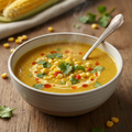 A warm creamy bowl of sweet corn soup with golden broth and corn kernels