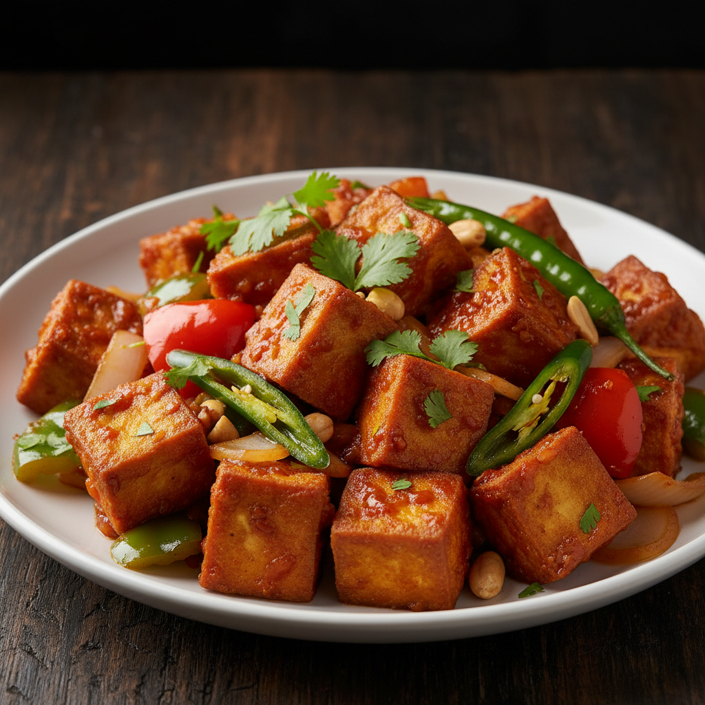 Crispy Chili Tofu with bell peppers and green chilies in Indo-Chinese sauce