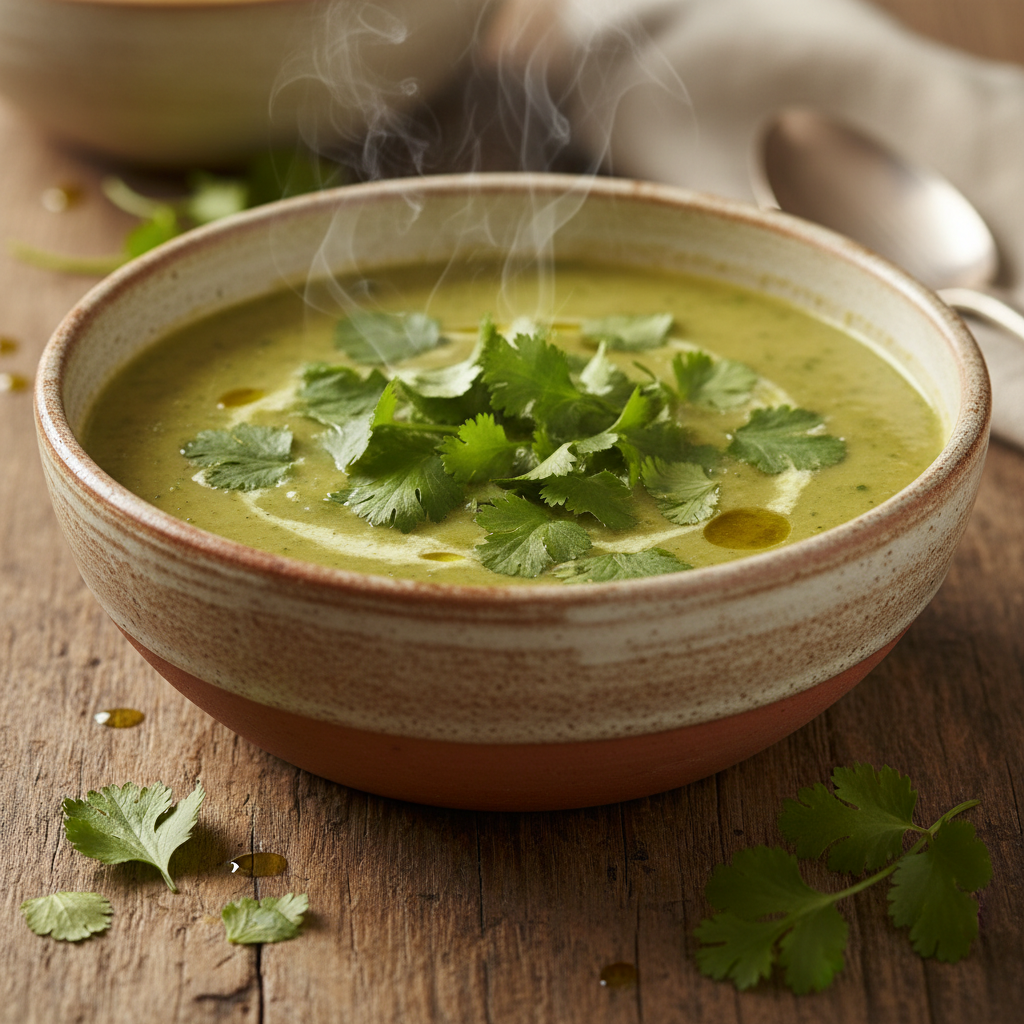 A warm bowl of coriander soup with fresh coriander garnish