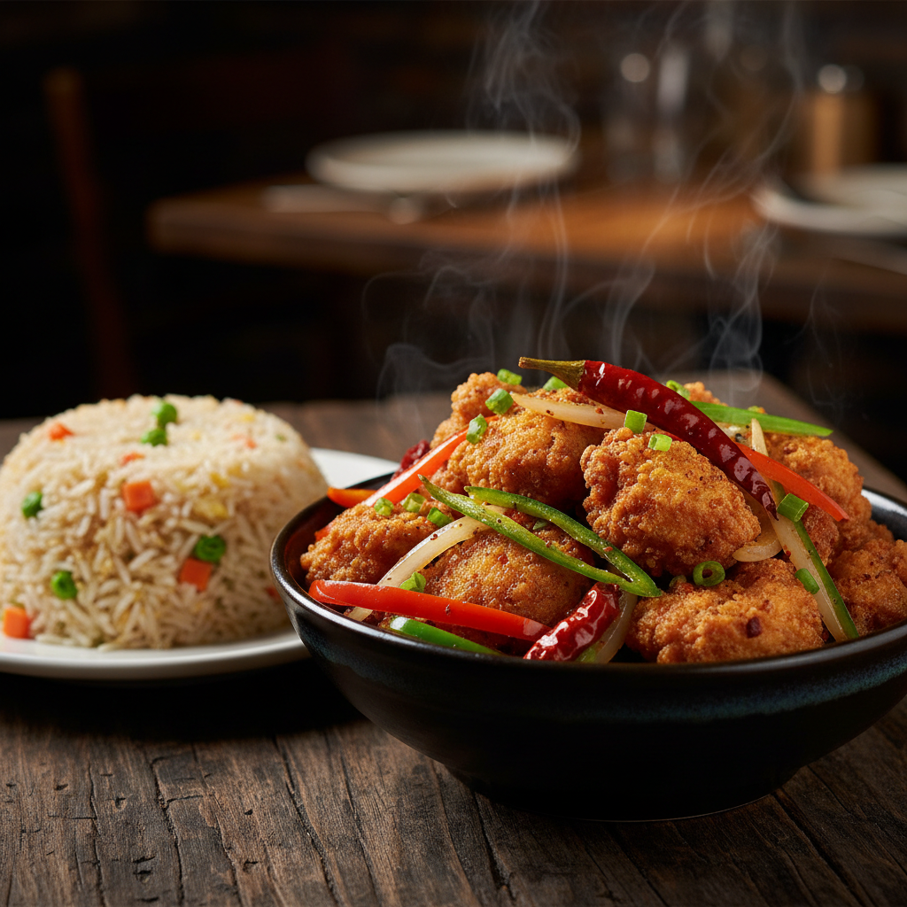 Chili Chicken Dry with crispy golden fried chicken pieces, green chilies, onions, bell peppers and dried red chilies, served with fried rice