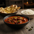 Lamb Vindaloo in a dark ceramic bowl with fiery deep red Goan-style sauce, tender lamb pieces, whole spices and green chilies, served with basmati rice and naan
