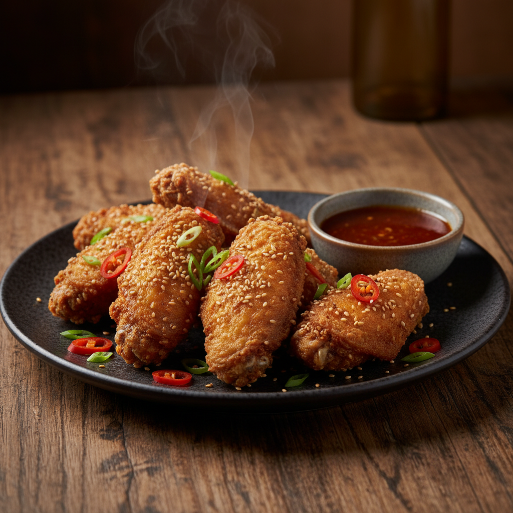 Six golden crispy chicken wings on a dark ceramic plate garnished with spring onions, sesame seeds and red chilies, served with dipping sauce