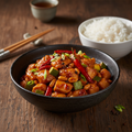 Kung Pao Chicken in a dark ceramic bowl with glossy sauce, diced chicken, roasted peanuts, dried red chilies, Sichuan peppercorns and spring onions, served with steamed rice