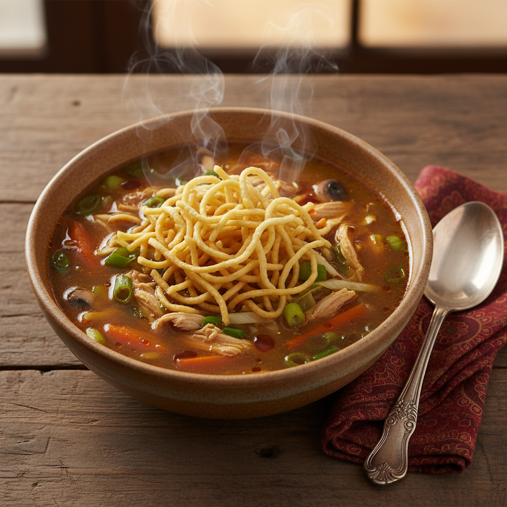 A steaming bowl of Manchow soup with crispy noodles and rich dark broth