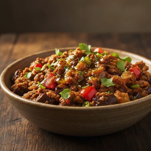 Baingan Bharta smoky roasted eggplant with onions, tomato and cilantro