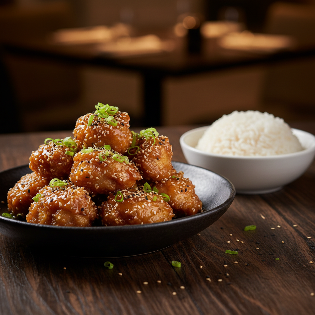 Crispy Chicken Honey and Sesame on a dark ceramic plate with golden crispy chicken glazed in sticky honey sesame sauce, topped with toasted sesame seeds and spring onions