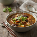 A steaming bowl of hot and sour soup with tofu, mushrooms and vegetables
