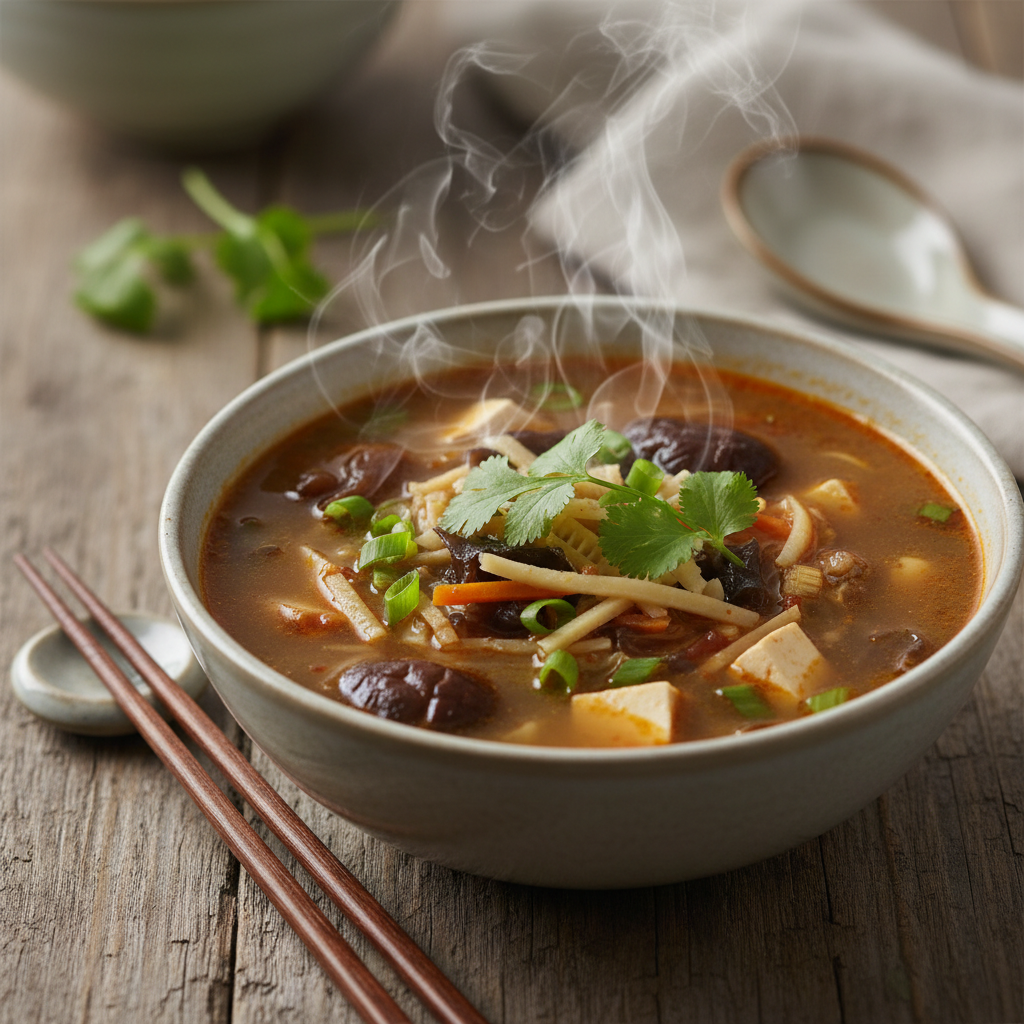 A steaming bowl of hot and sour soup with tofu, mushrooms and vegetables