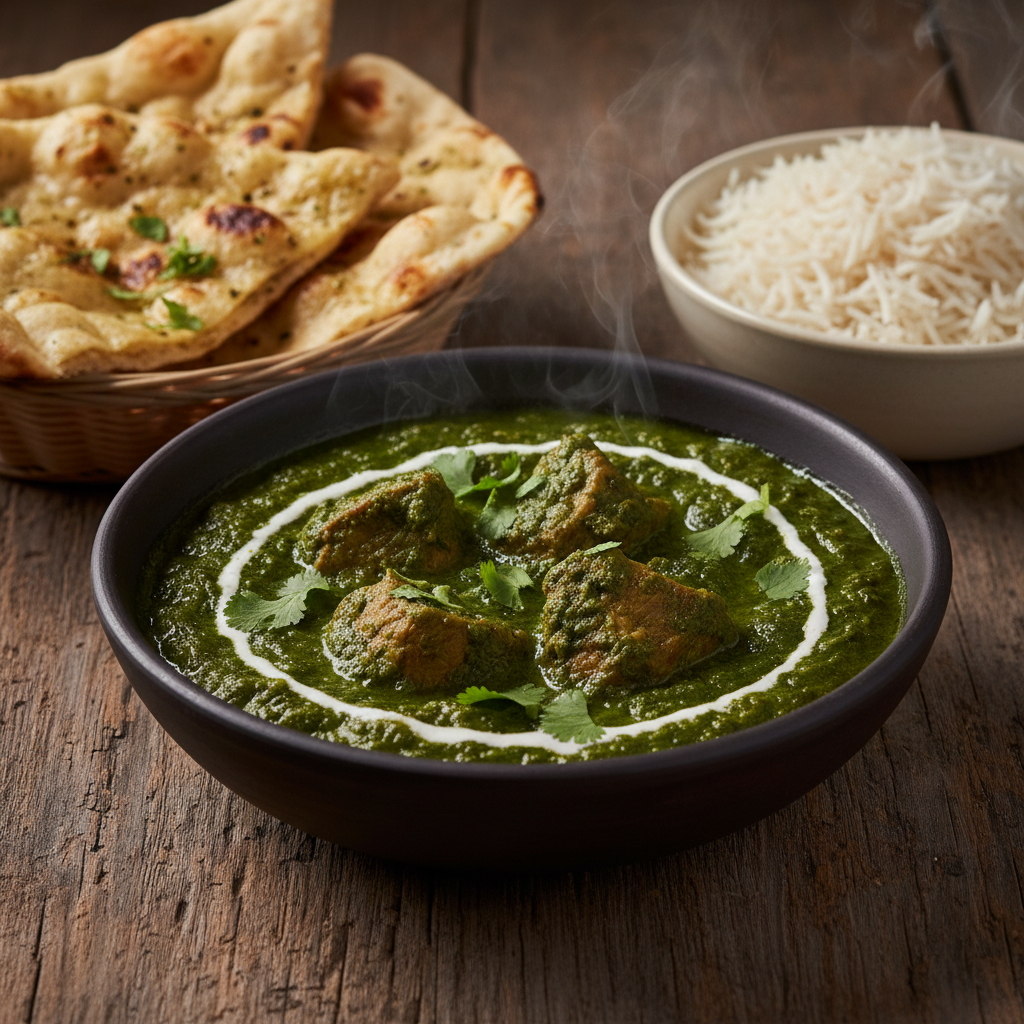 Lamb Saagwala in a dark ceramic bowl with vibrant green spinach sauce and tender lamb pieces, garnished with cream and cilantro, served with naan and basmati rice