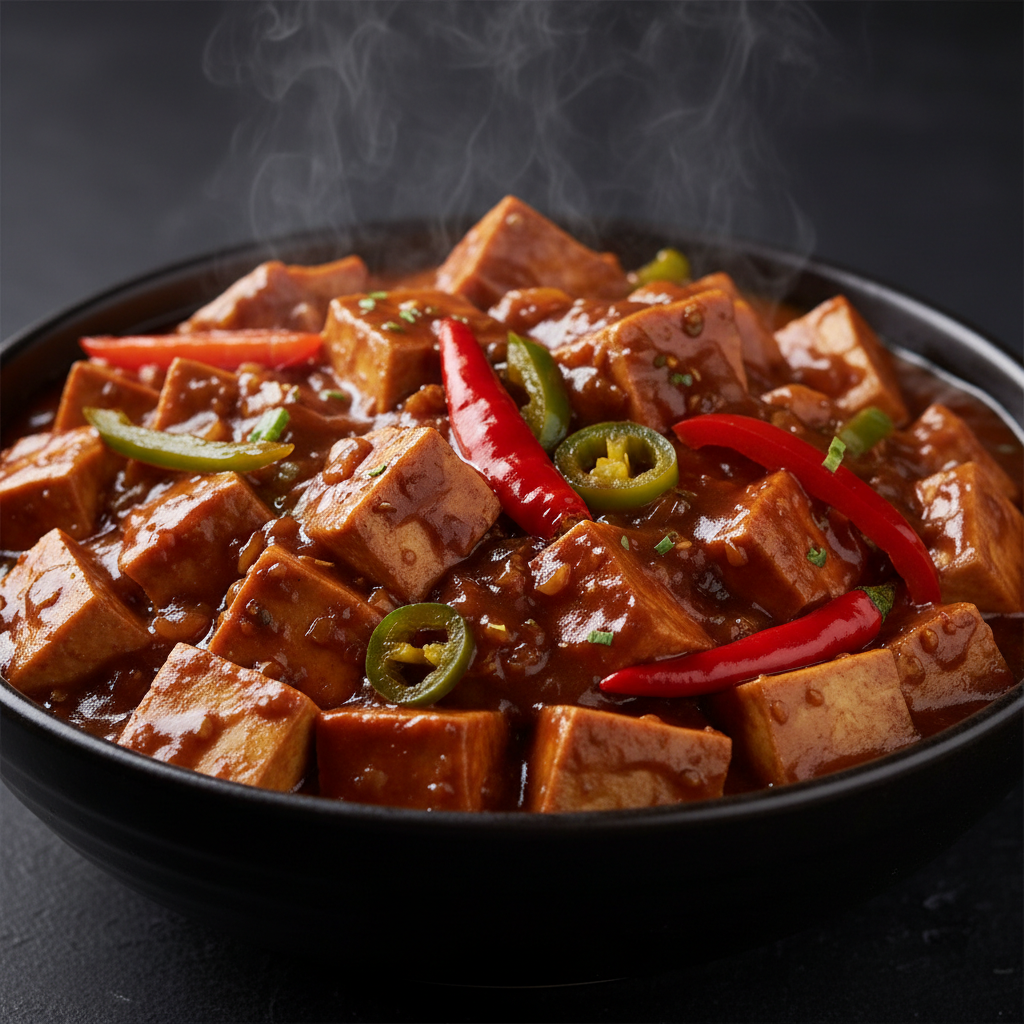 Chili Tofu submerged in abundant thick dark Indo-Chinese gravy sauce