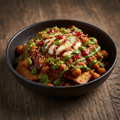 Samosa Chaat in a dark ceramic bowl with crushed samosa topped with chickpea curry, yogurt, tamarind chutney, mint chutney, sev and pomegranate seeds