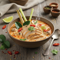 A steaming bowl of Tom Yum soup with tender chicken pieces in a spicy broth