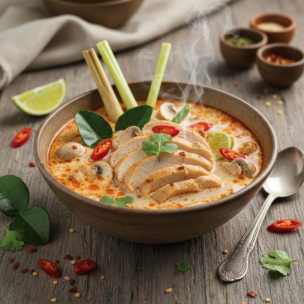 A steaming bowl of Tom Yum soup with tender chicken pieces in a spicy broth
