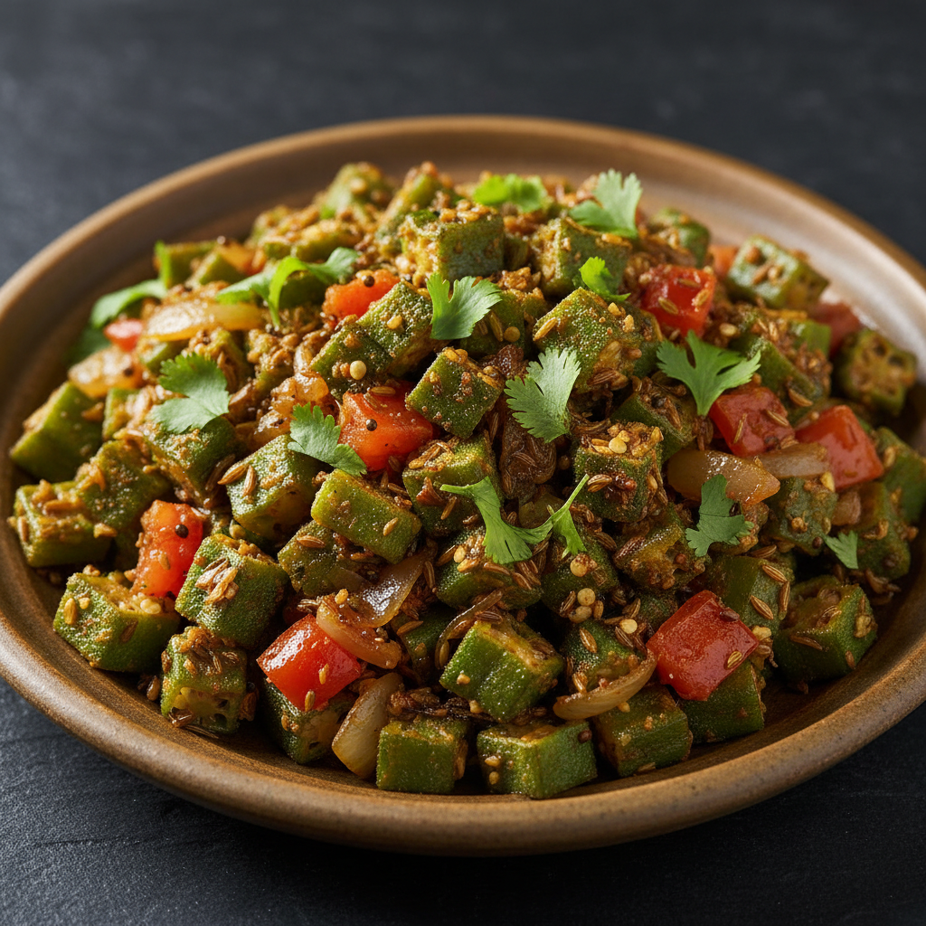 Bhindi Masala stir-fried okra with onions, tomatoes and Indian spices