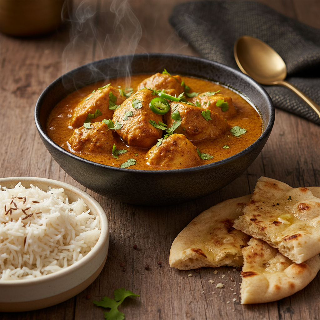 Boneless Chicken Curry in a dark ceramic bowl with rich golden-brown sauce, garnished with cilantro and green chilies, served with basmati rice and naan