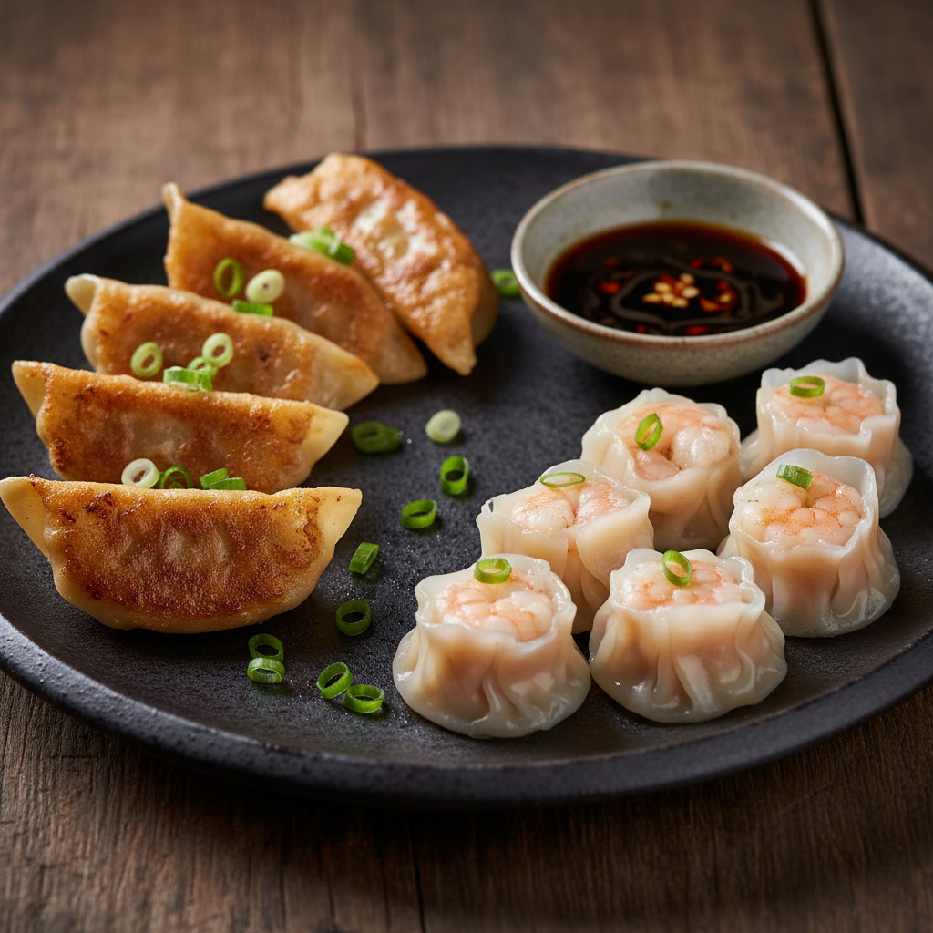 Shrimp Dumplings showing both golden pan-fried potstickers and delicate steamed dumplings with visible pink shrimp filling on a dark ceramic plate with soy chili dipping sauce
