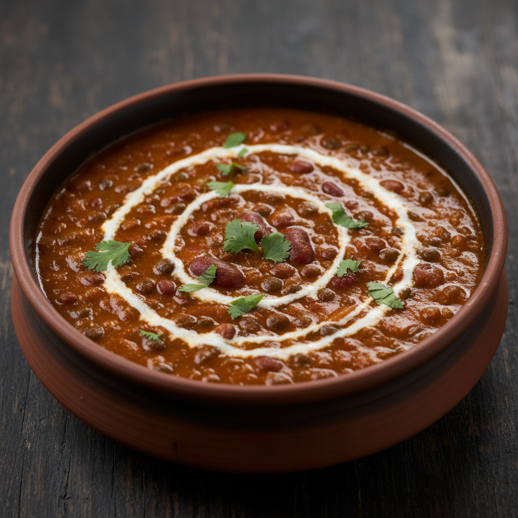 Dal Makhani creamy black lentils in rich buttery tomato sauce with cream swirl