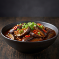 Szechwan Eggplant in spicy dark glossy sauce with garlic and chilies