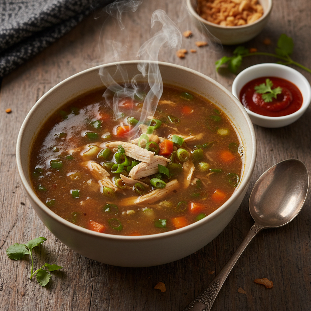 A steaming bowl of Manchow soup with rich dark broth and vegetables