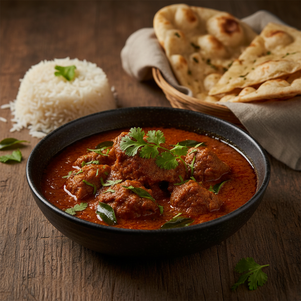 Malvani Goat Curry in a dark ceramic bowl with rich reddish-brown coconut-based sauce and tender goat pieces, garnished with cilantro and curry leaves, served with steamed rice and naan