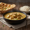 Lamb Korma in a dark ceramic bowl with creamy pale golden sauce, garnished with slivered almonds, saffron and cilantro, served with naan and basmati rice