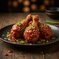 Drums of Heaven - four crispy golden chicken drumettes coated in fiery Indo-Chinese sauce with green chilies, garlic, spring onions and sesame seeds